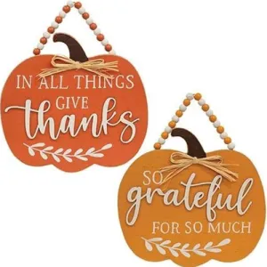 *Beaded Pumpkin Wood Sign 2 Asstd.
