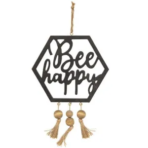 *Bee Happy Hanging Wooden Cutout With Beaded Tassels