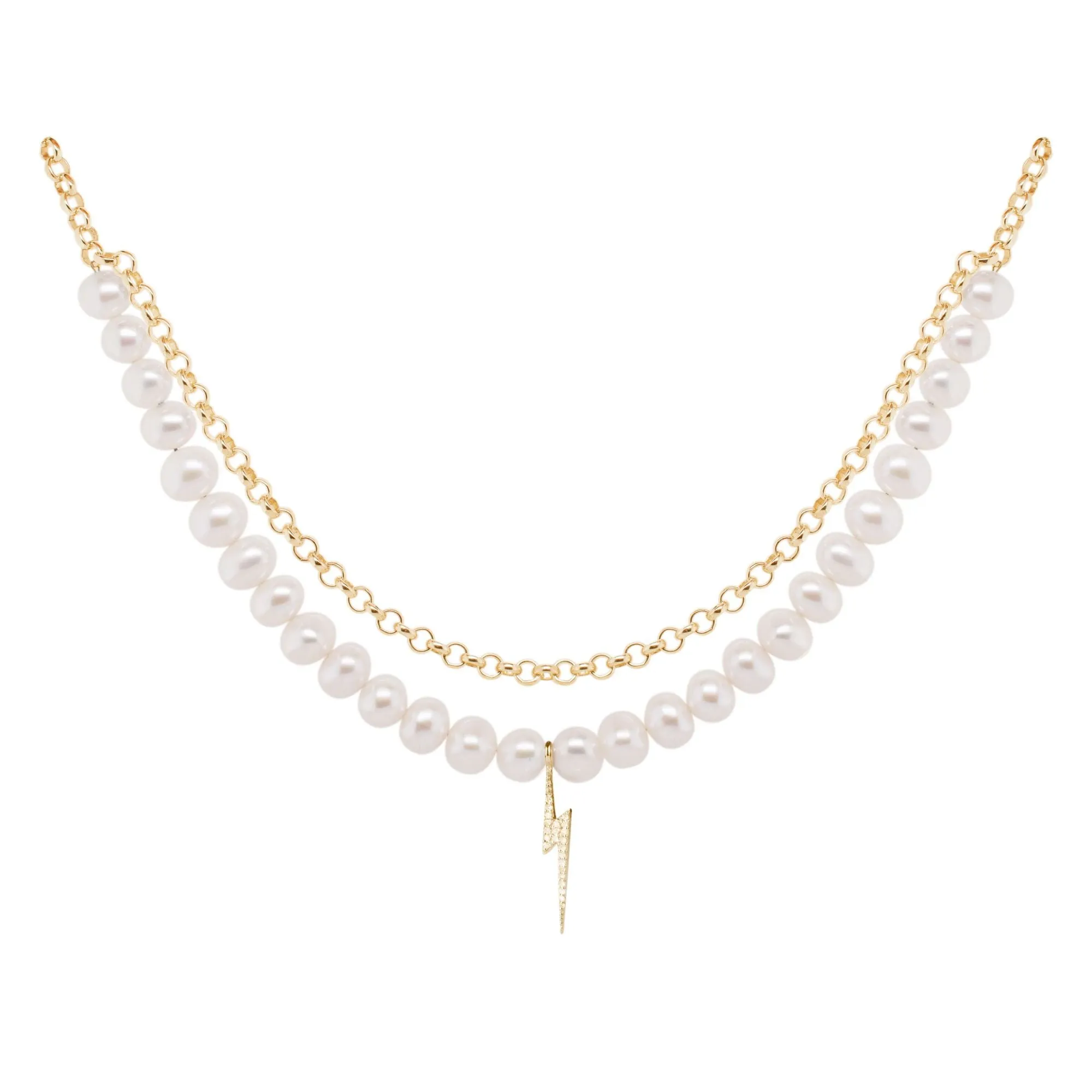 Bolt Gold Plated Necklace w. Pearl & Zirconia