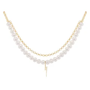 Bolt Gold Plated Necklace w. Pearl & Zirconia