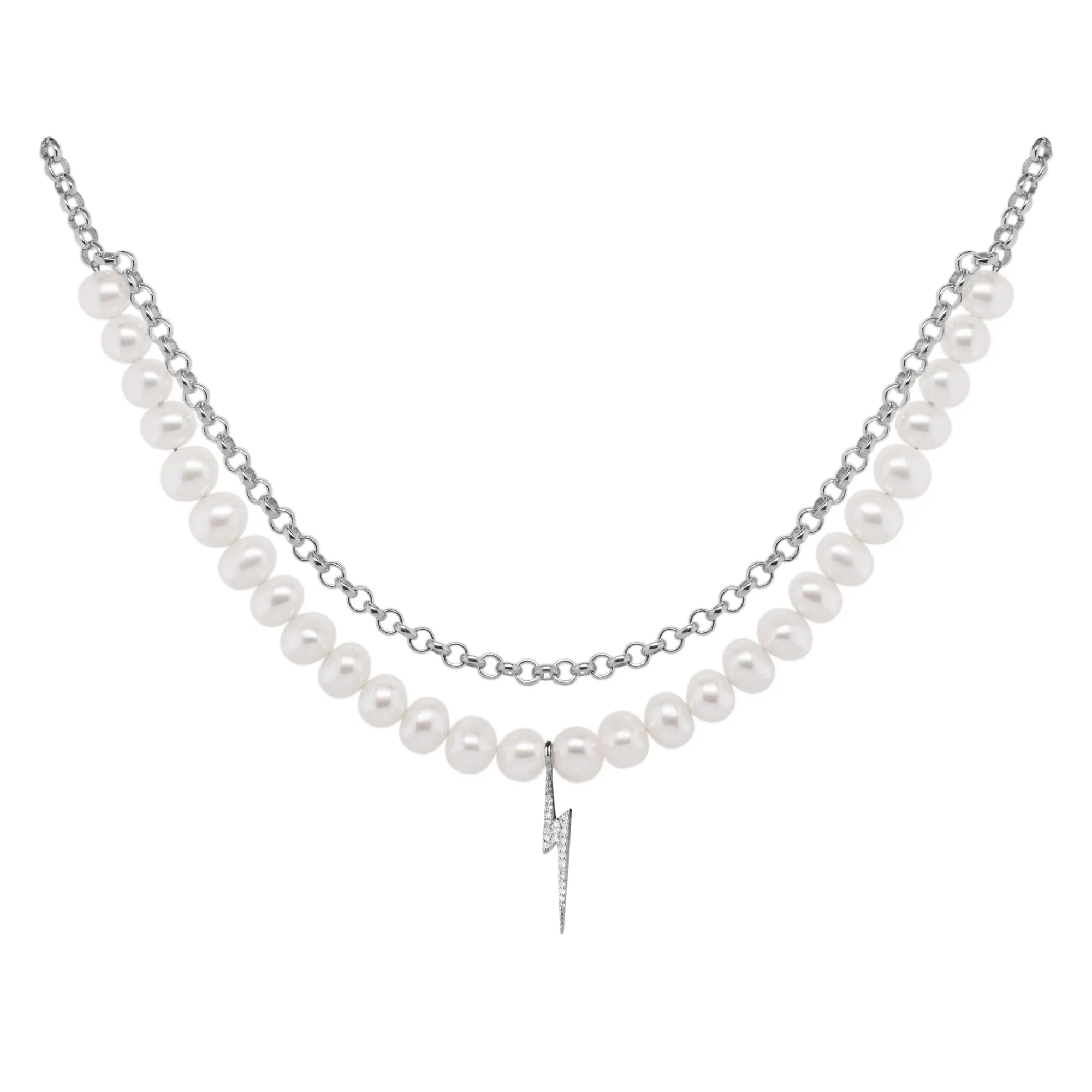Bolt oxidized Silver Necklace w. Pearl & Zirconia