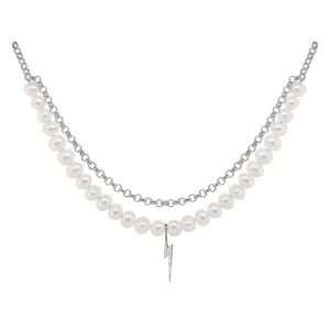 Bolt oxidized Silver Necklace w. Pearl & Zirconia