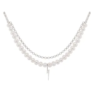 Bolt Silver Necklace w. Pearl & Zirconia