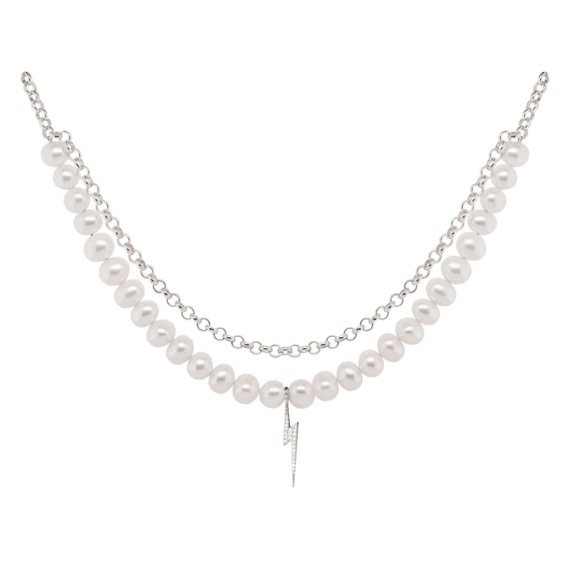 Bolt Silver Necklace w. Pearl & Zirconia