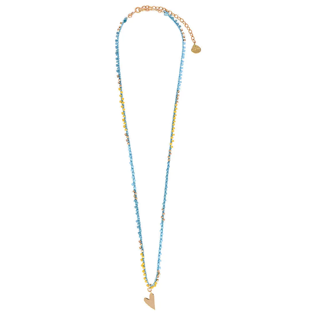 Breaded Heart Charm Necklace ~ Blue and Yellow