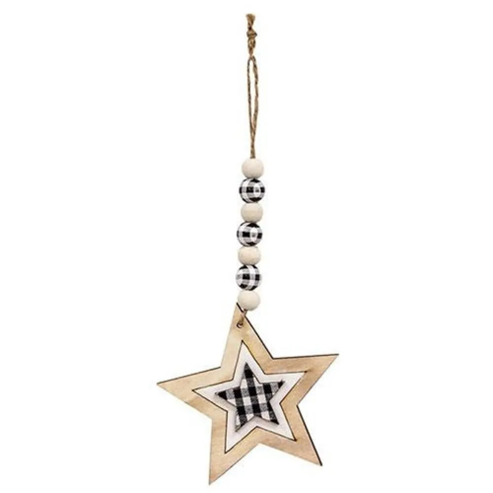*Buffalo Check Beaded Wood Star Ornament