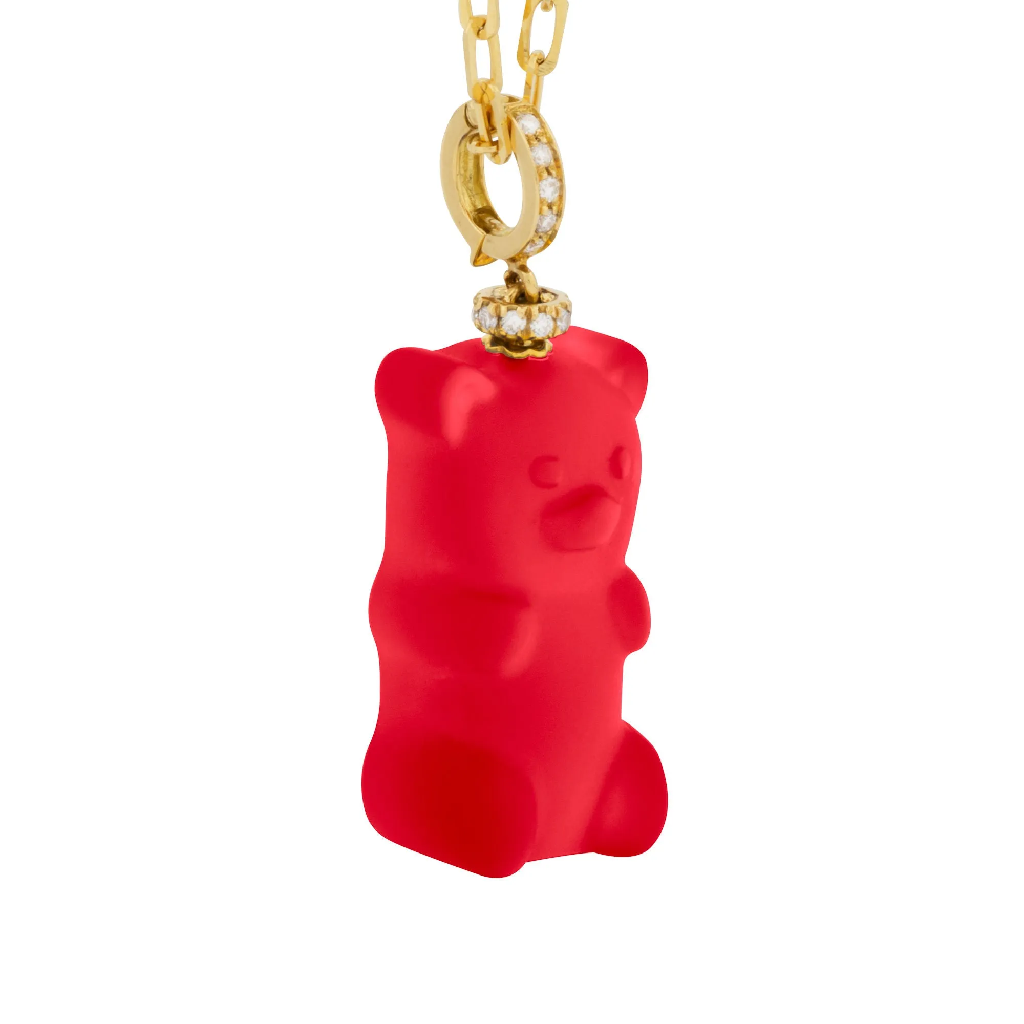Cherry Gemmy Bear 18K Gold Necklace w. Diamonds & Crystal
