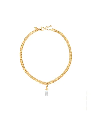 Chunky Chain Drop Gold Plated Necklace w. Glass Pearl