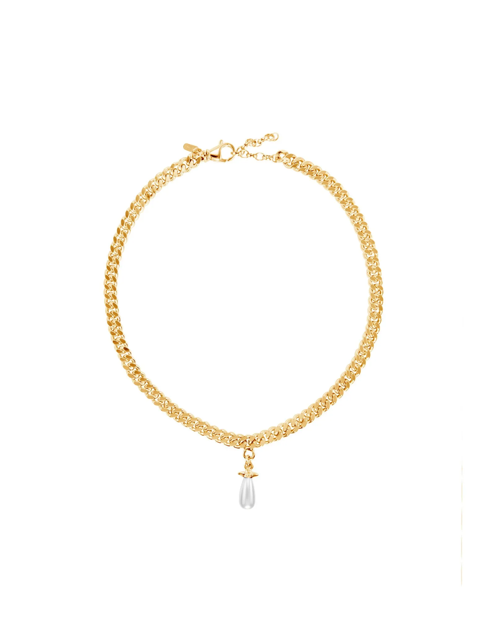 Chunky Chain Drop Gold Plated Necklace w. Glass Pearl