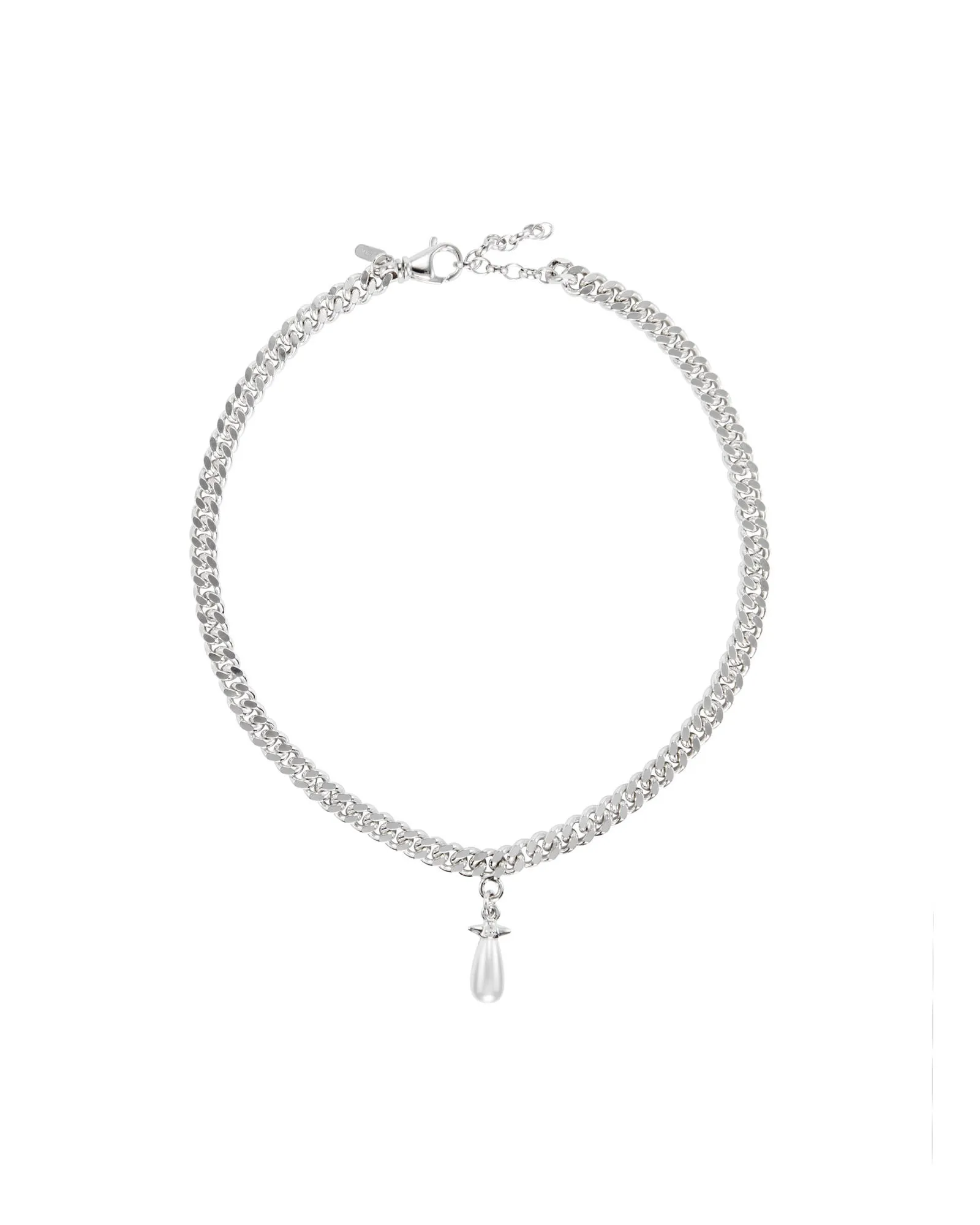 Chunky Chain Drop Silver Necklace w. Glass Pearl