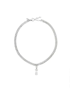 Chunky Chain Drop Silver Necklace w. Glass Pearl