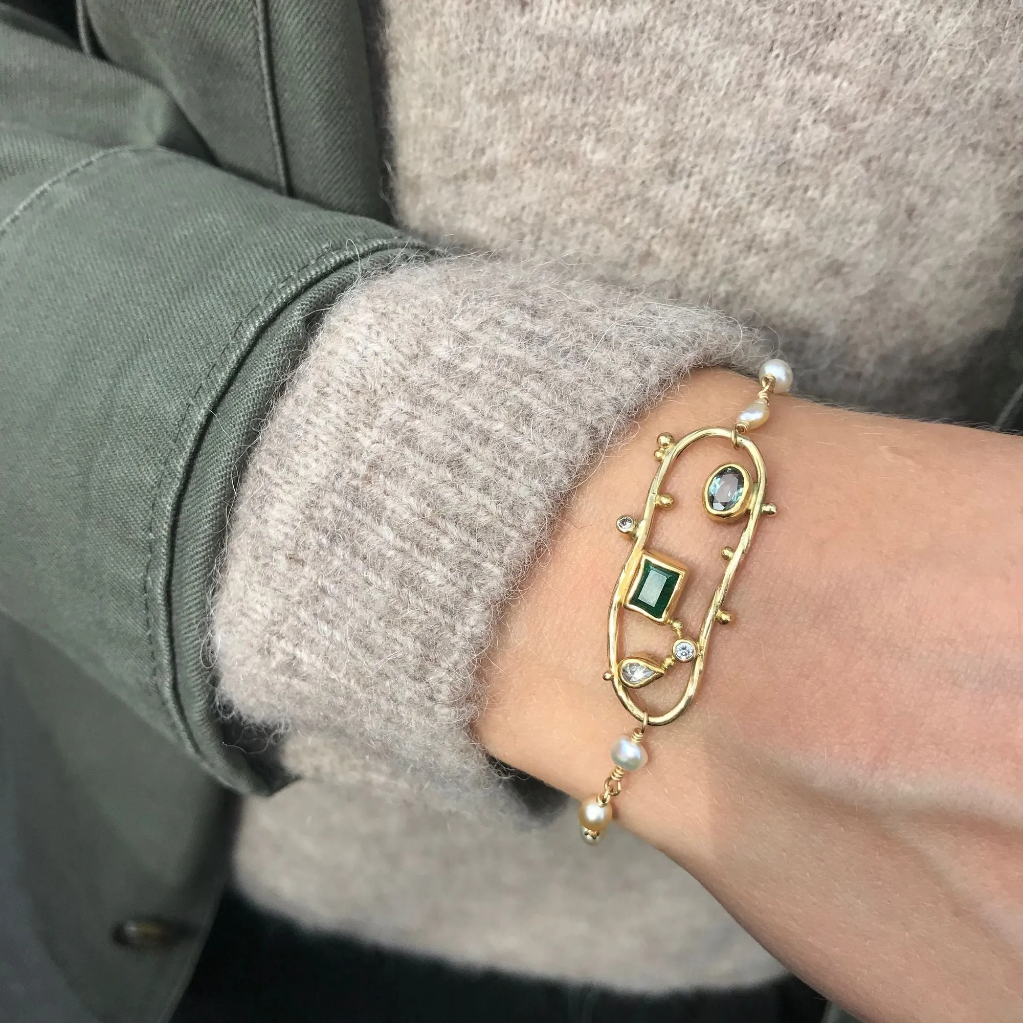 Cloud 18K Gold Bracelet w. Diamonds, Pearls, Emeralds & Sapphires
