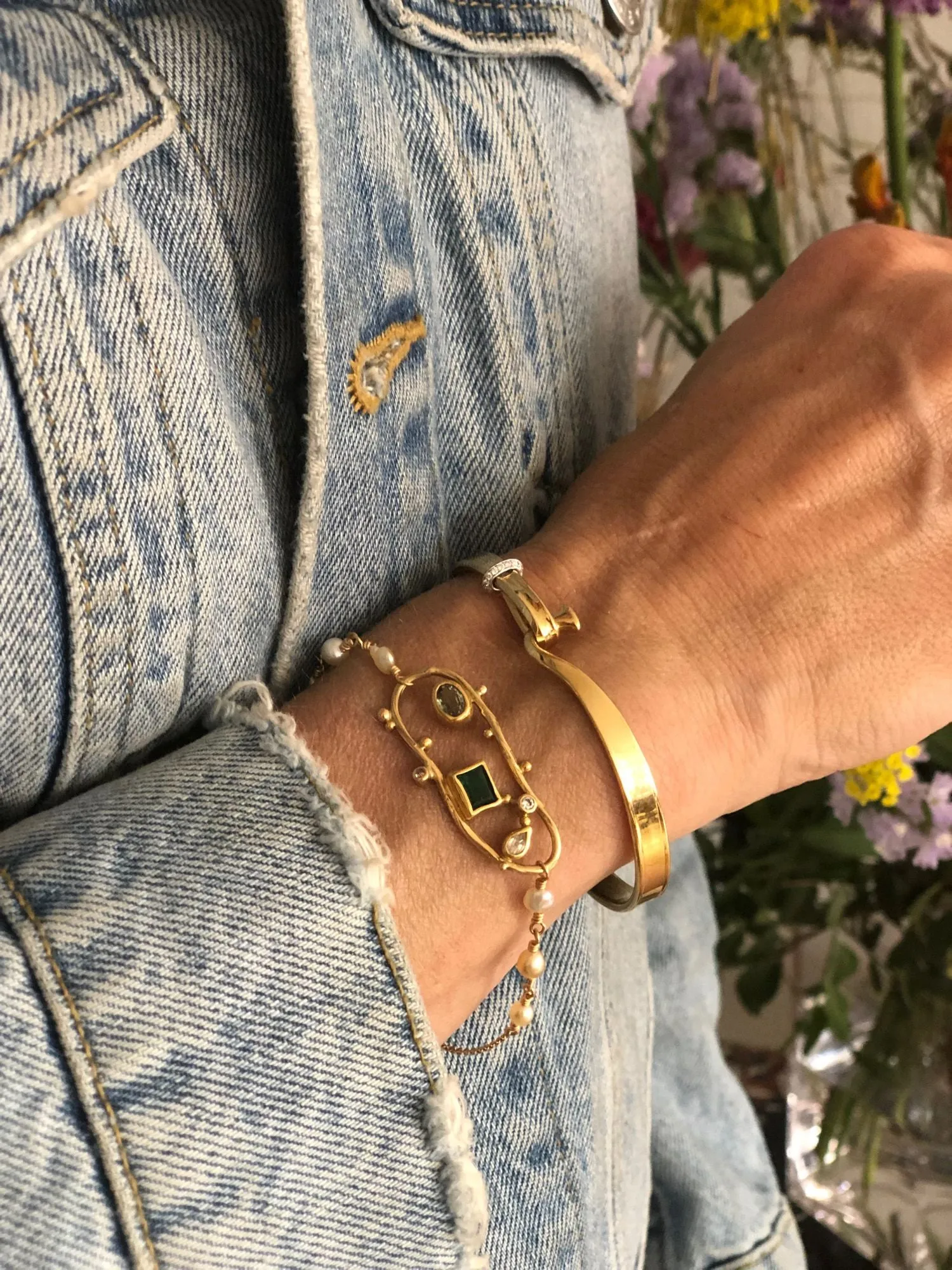 Cloud 18K Gold Bracelet w. Diamonds, Pearls, Emeralds & Sapphires