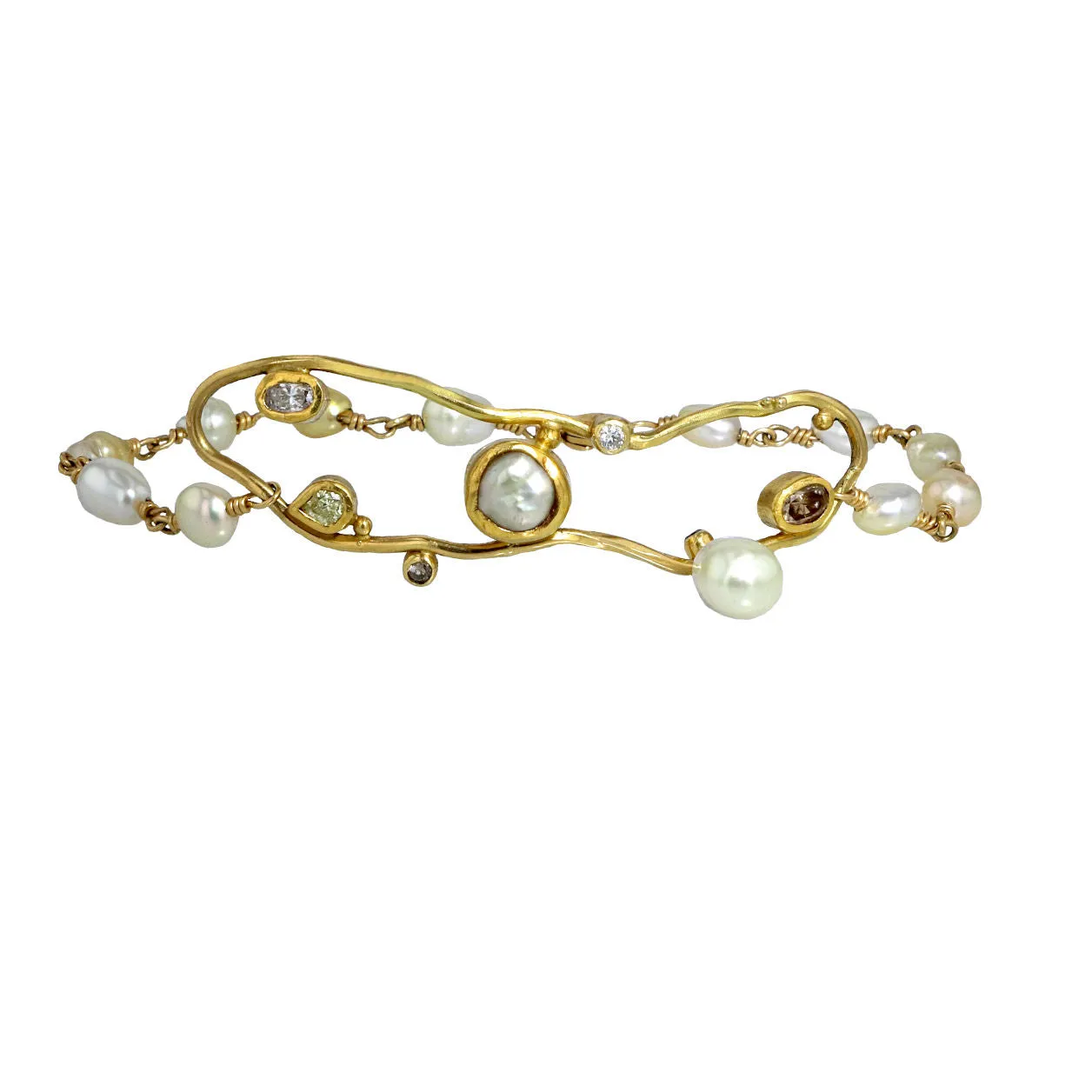 Cloud Keshi 18K & 22K Gold Bracelet w. Diamonds & Pearls