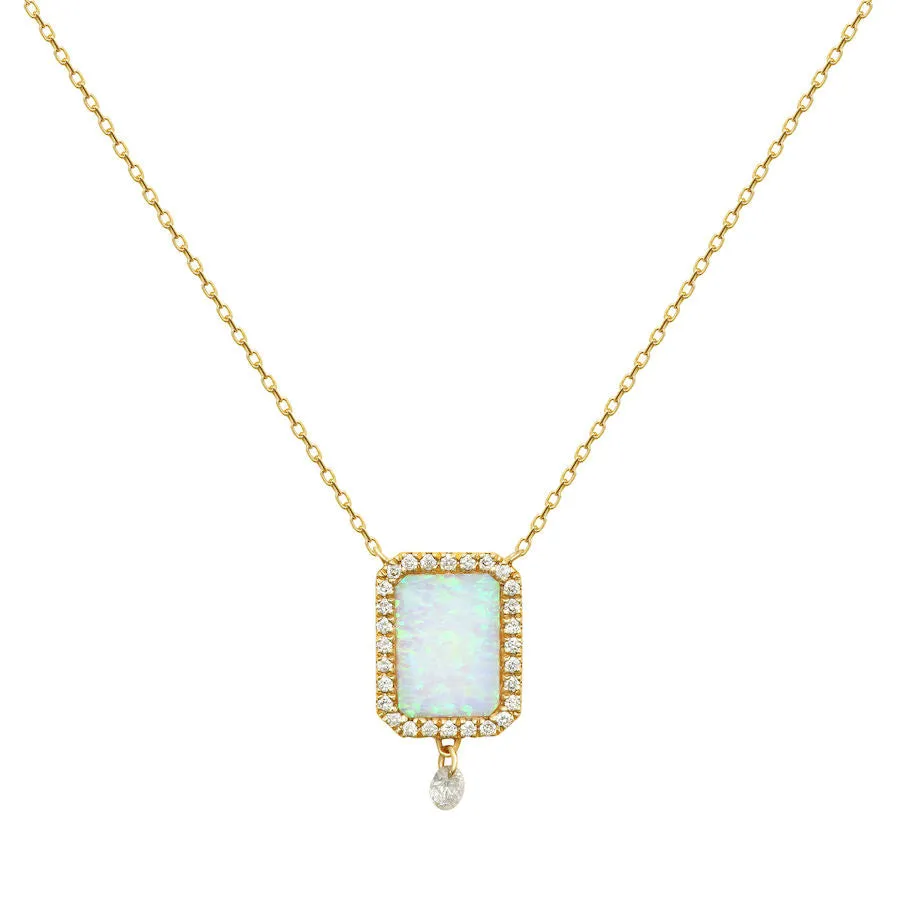 Collier Semi Precious 18K Gold Necklace w. White Opal & Diamonds