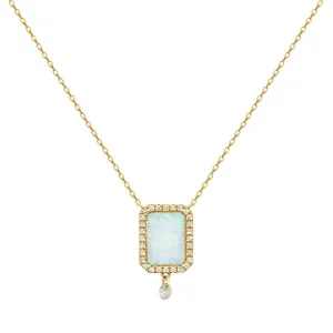 Collier Semi Precious 18K Gold Necklace w. White Opal & Diamonds