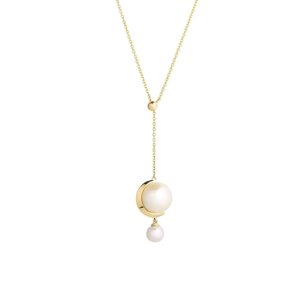 Cosmo Saturn Drop 18K Gold Necklace w. Pearl