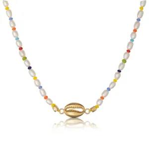 Cowrie 18K Gold Plated Necklace w. Pearls