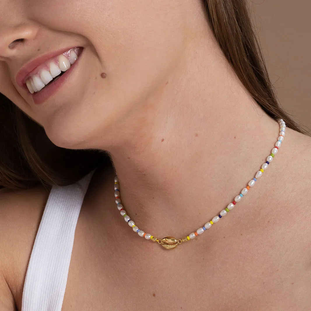 Cowrie 18K Gold Plated Necklace w. Pearls