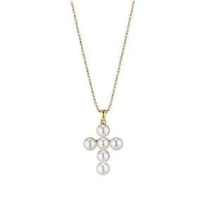 Cross 18K Gold Necklace w. Akoya pEARLS
