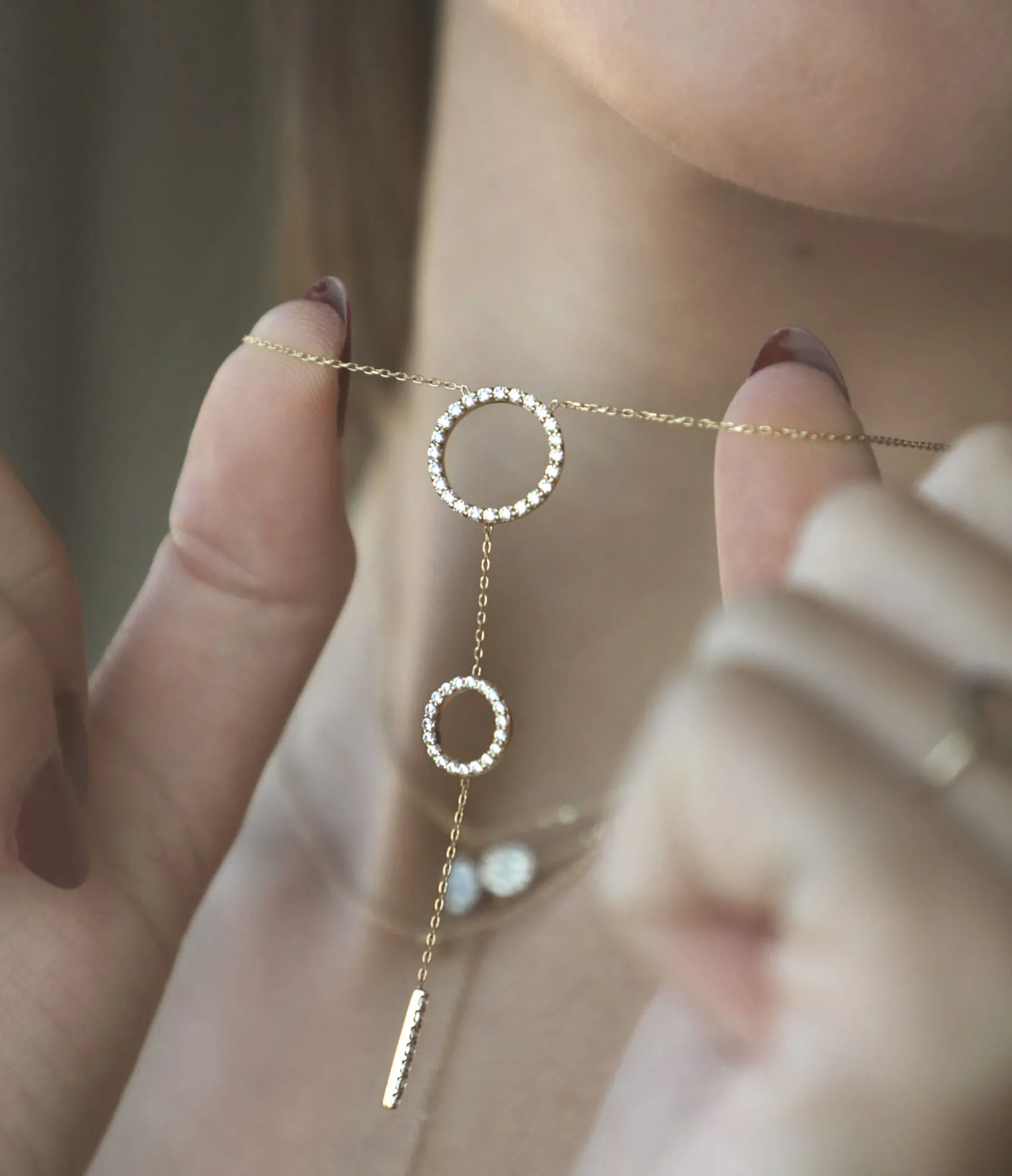 Double Hoops 18K Rose Gold Necklace w. Diamonds