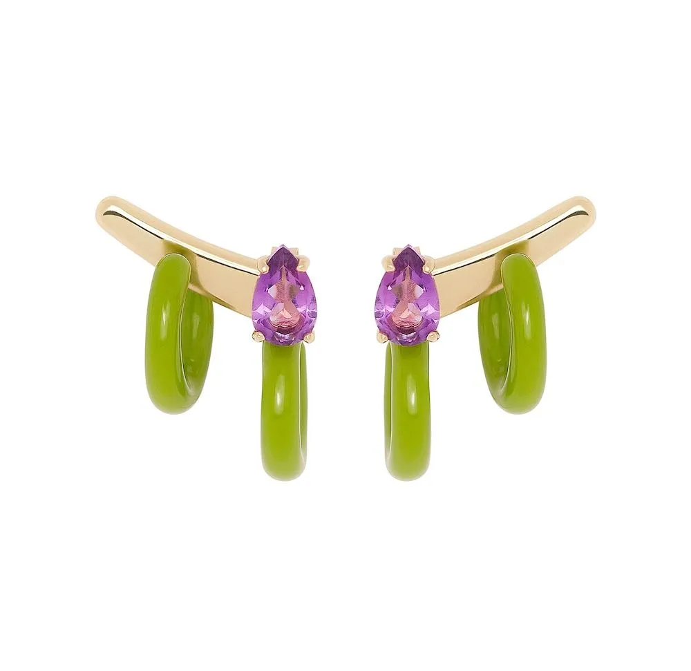 Double Loop 9K Gold Hoops w. Amethyst