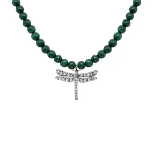 Dragonfly Oxidized Silver Necklace w. Malachite & Diamond