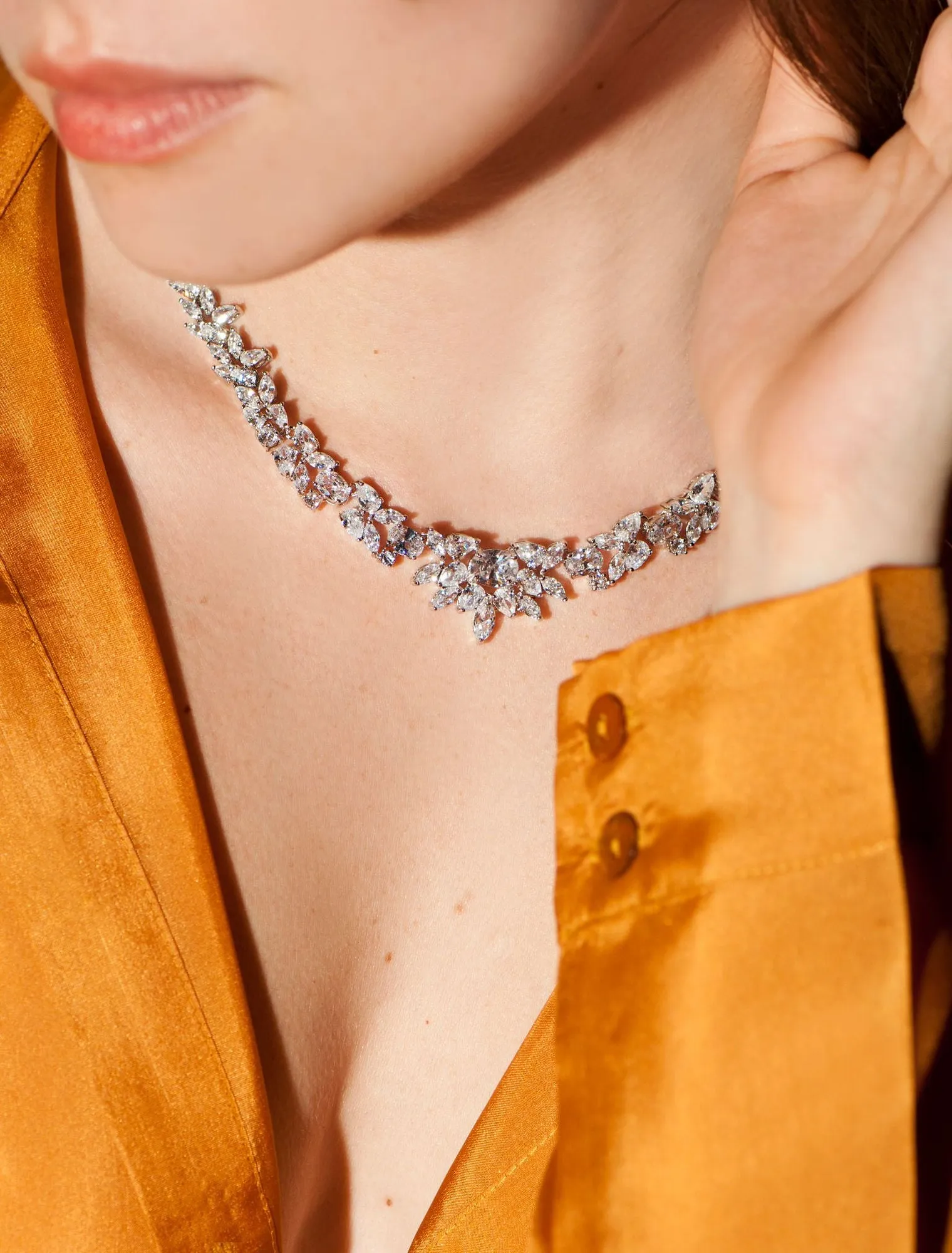Eden Orchid Statement Silver Plated Brass Necklace w. Zirconia