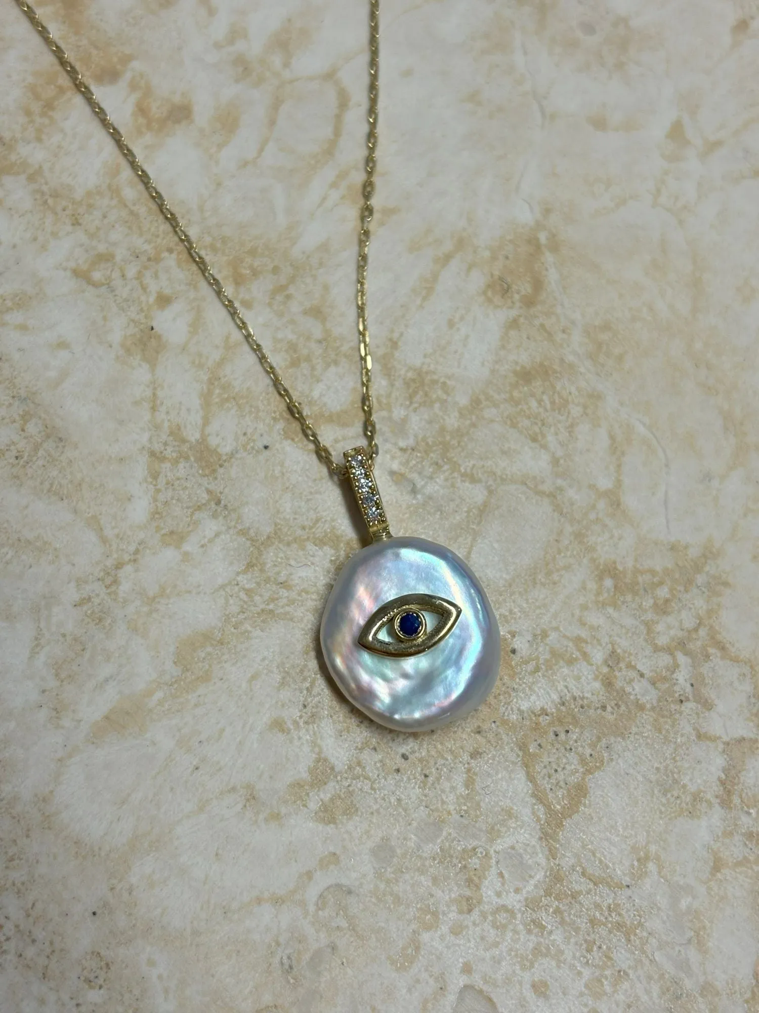 Evil Eye Petal 18K Gold Charm Necklace w. Pearl & Diamonds