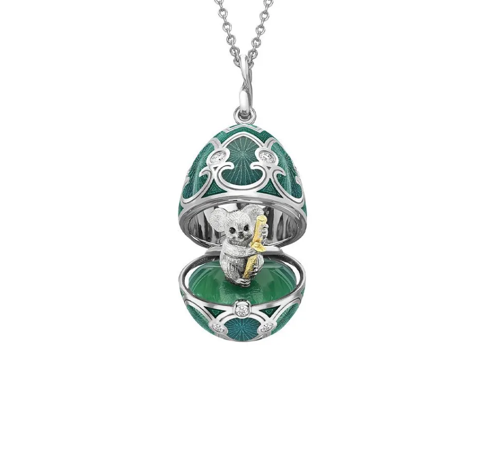 Faberge Heritage White Gold Diamond & Green Guilloché Enamel Koala  Surprise Locket