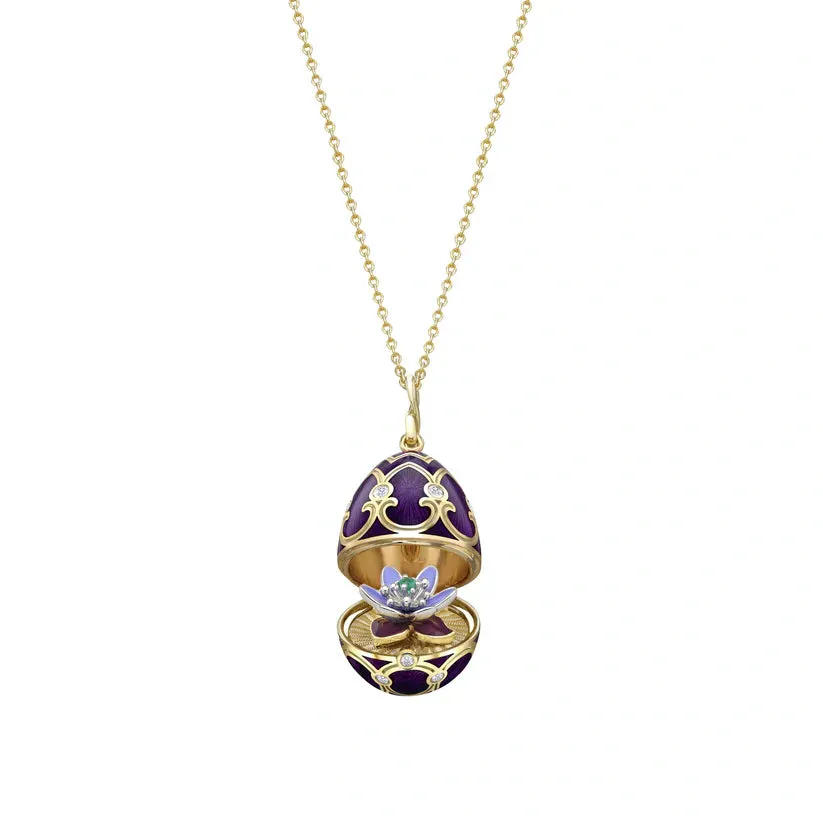 Faberge Heritage Yellow Gold Diamond Purple Guilloche Enamel Anemone Surprise Locket