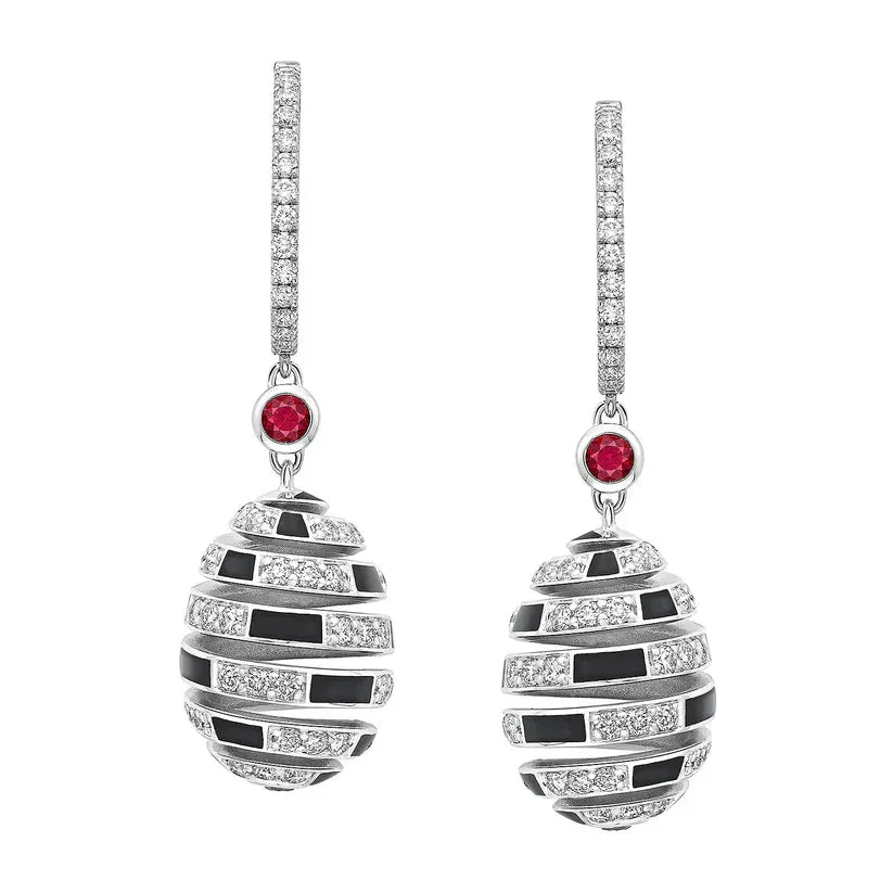 Faberge x Beetlejuice Beetlejuice 18ct White Gold Ruby & Black Enamel Spiral Earrings