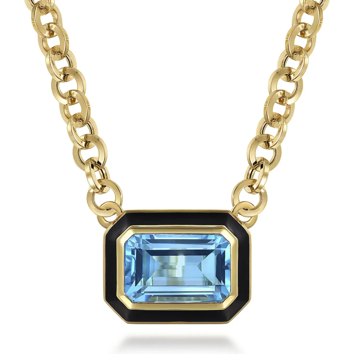 Gabriel 14K Yellow Gold Blue Topaz Emerald Cut Necklace with Black Enamel