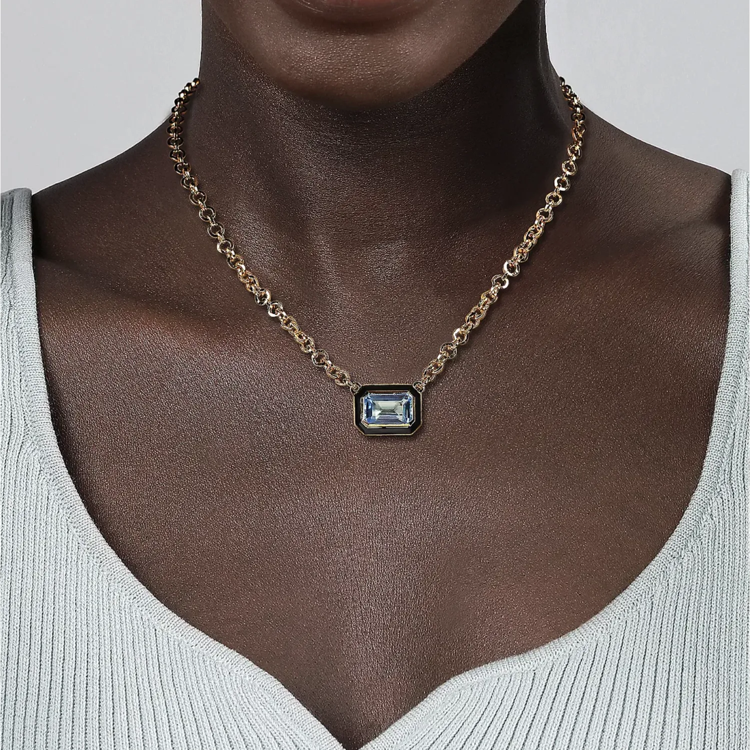 Gabriel 14K Yellow Gold Blue Topaz Emerald Cut Necklace with Black Enamel