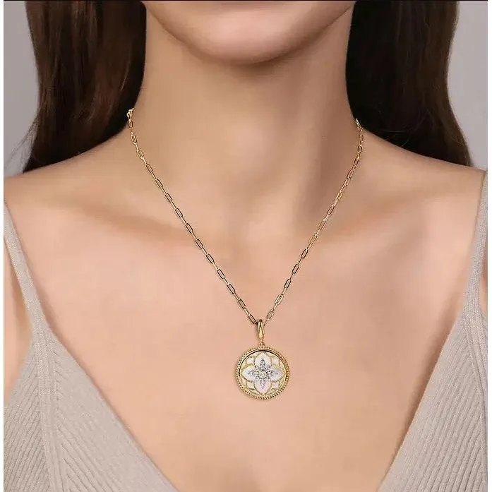Gabriel 14K Yellow Gold Diamond Bujukan Mother of Pearl Floral Medallion