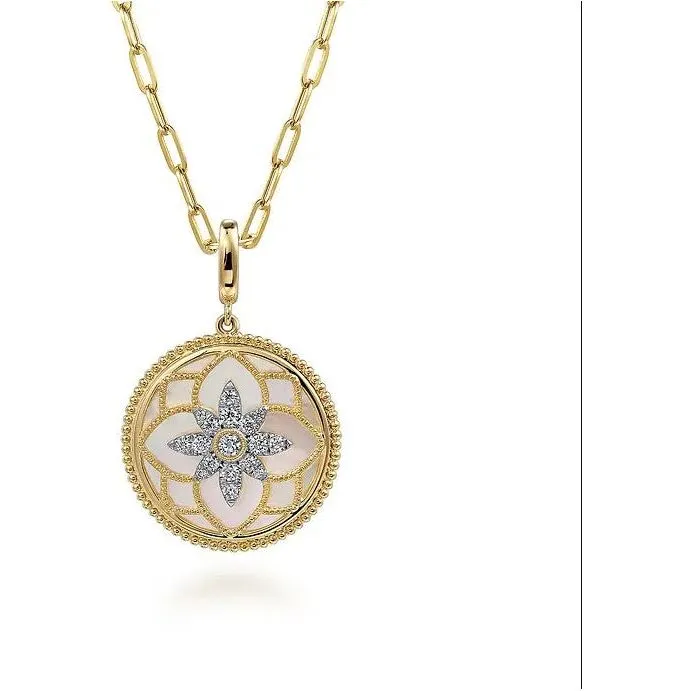 Gabriel 14K Yellow Gold Diamond Bujukan Mother of Pearl Floral Medallion