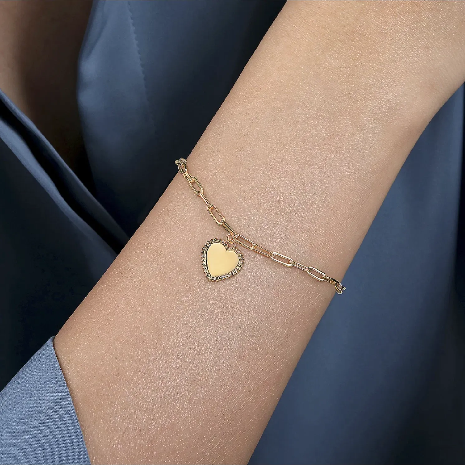 Gabriel 14K Yellow Gold Link with Heart Charm Bracelet