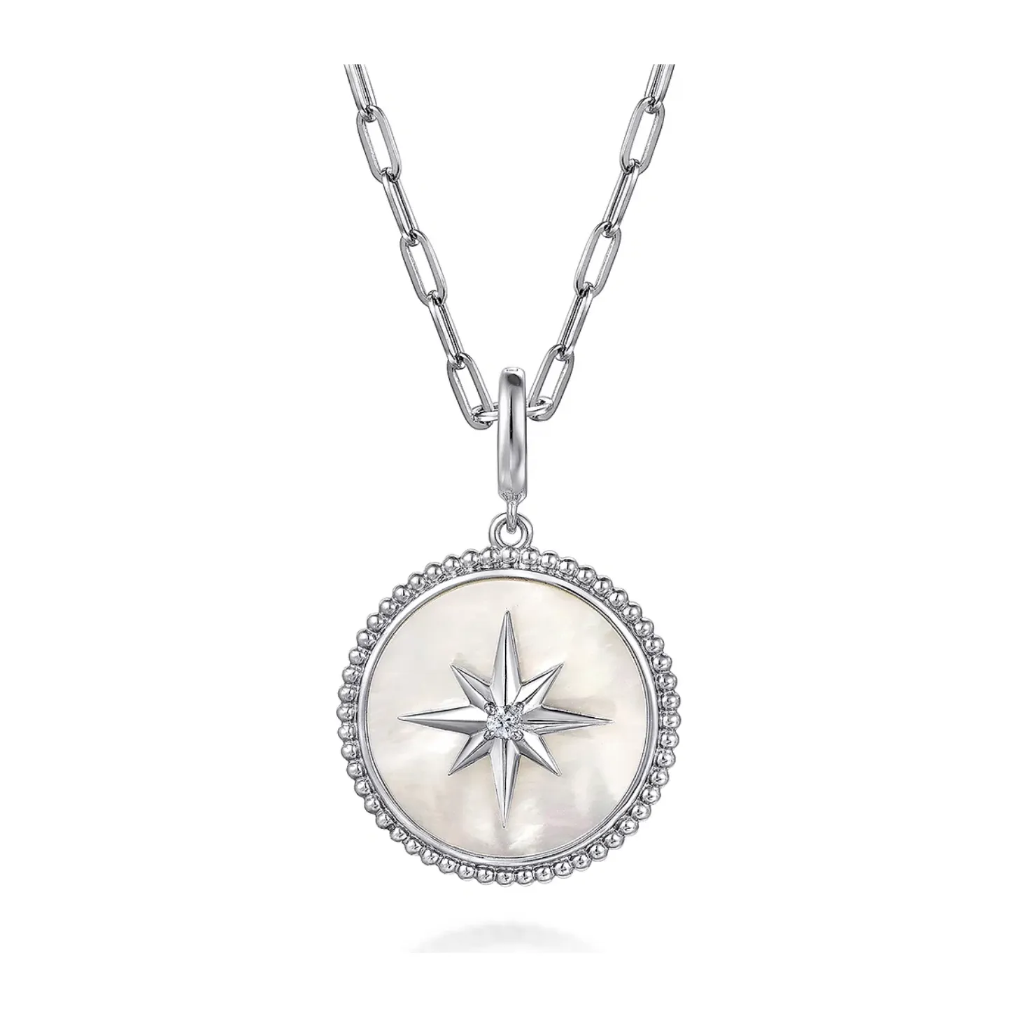 Gabriel Silver Bujukan White Sapphire and Mother Of Pearl Round Starburst Medallion Pendant