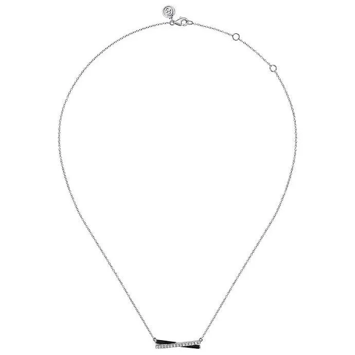 Gabriel Silver White Sapphire and Black Enamel Criss Cross Bar Necklace