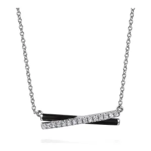 Gabriel Silver White Sapphire and Black Enamel Criss Cross Bar Necklace