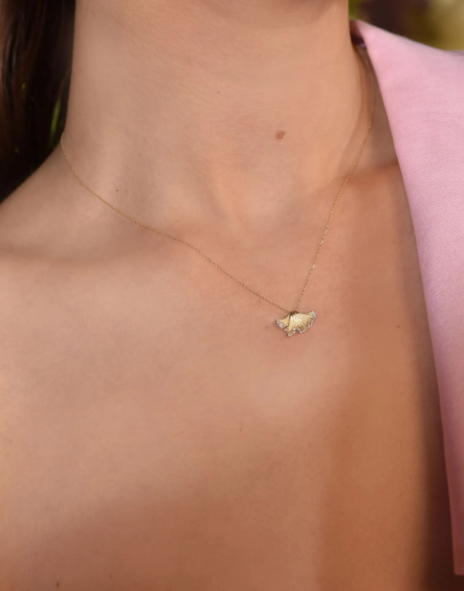 Ginkgo Leaf 14K Gold Necklace w. Diamonds