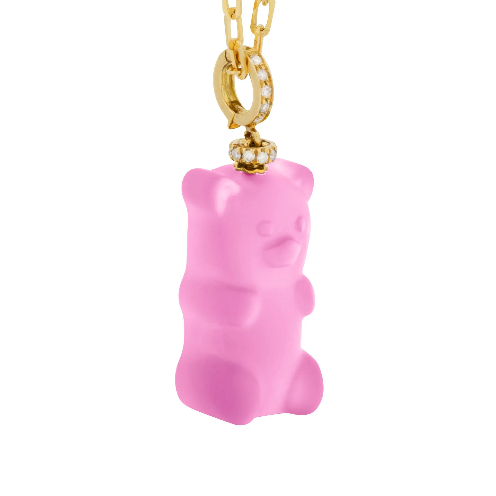 Grapefruit Gemmy Bear 18K Gold Necklace w. Diamonds & Crystal