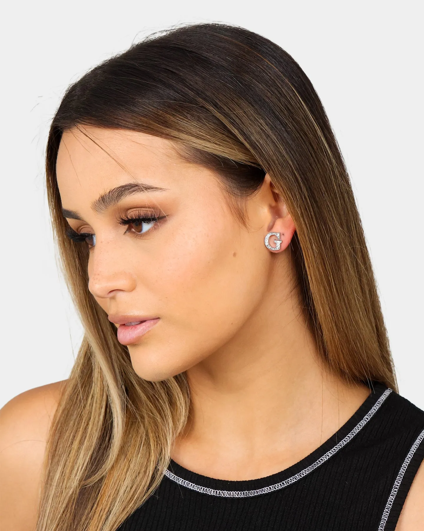 Guess Mainline Party Pave G Logo 9mm Stud Earrings Silver