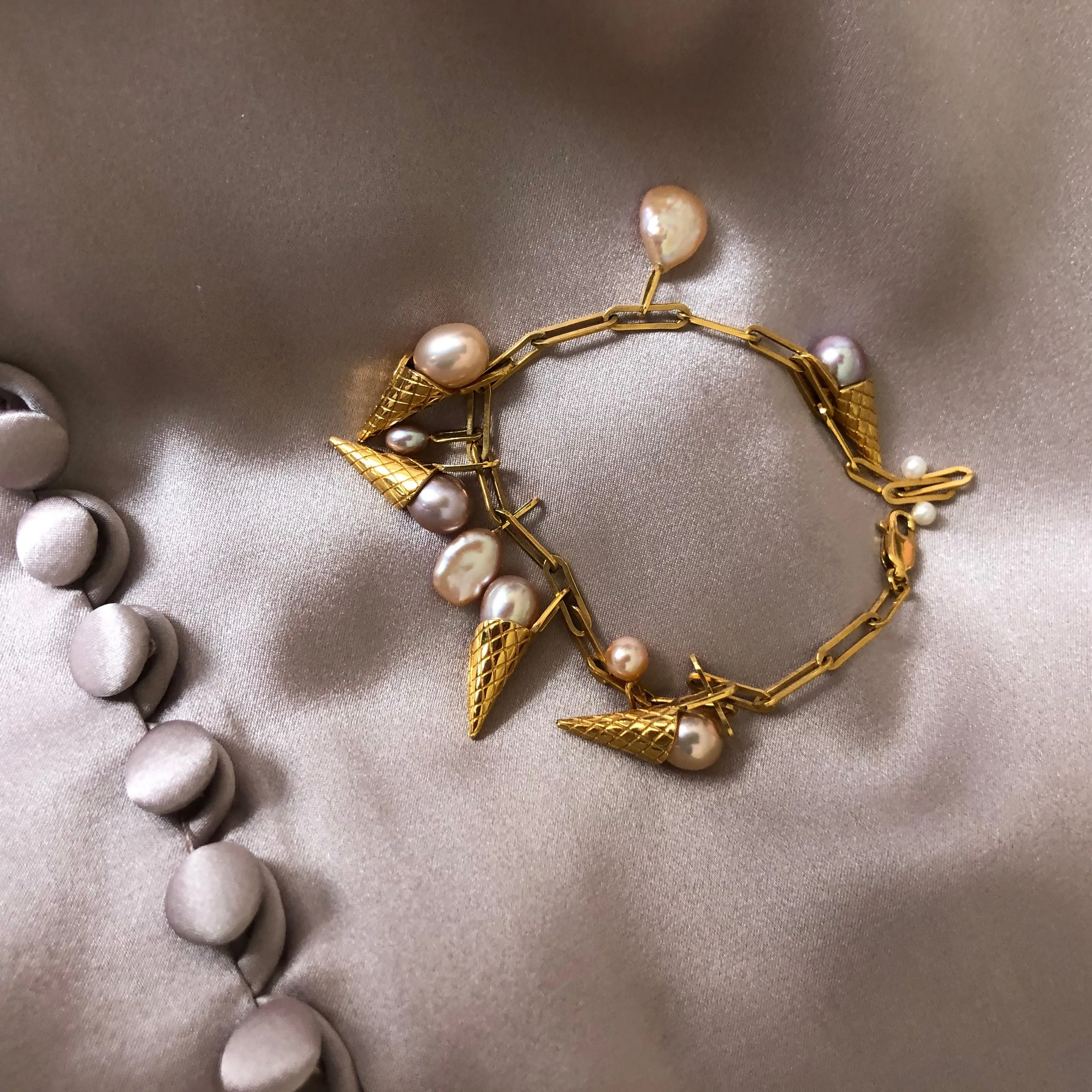 Ice Cream Charms Gold Plated Bracelet w. Pearls