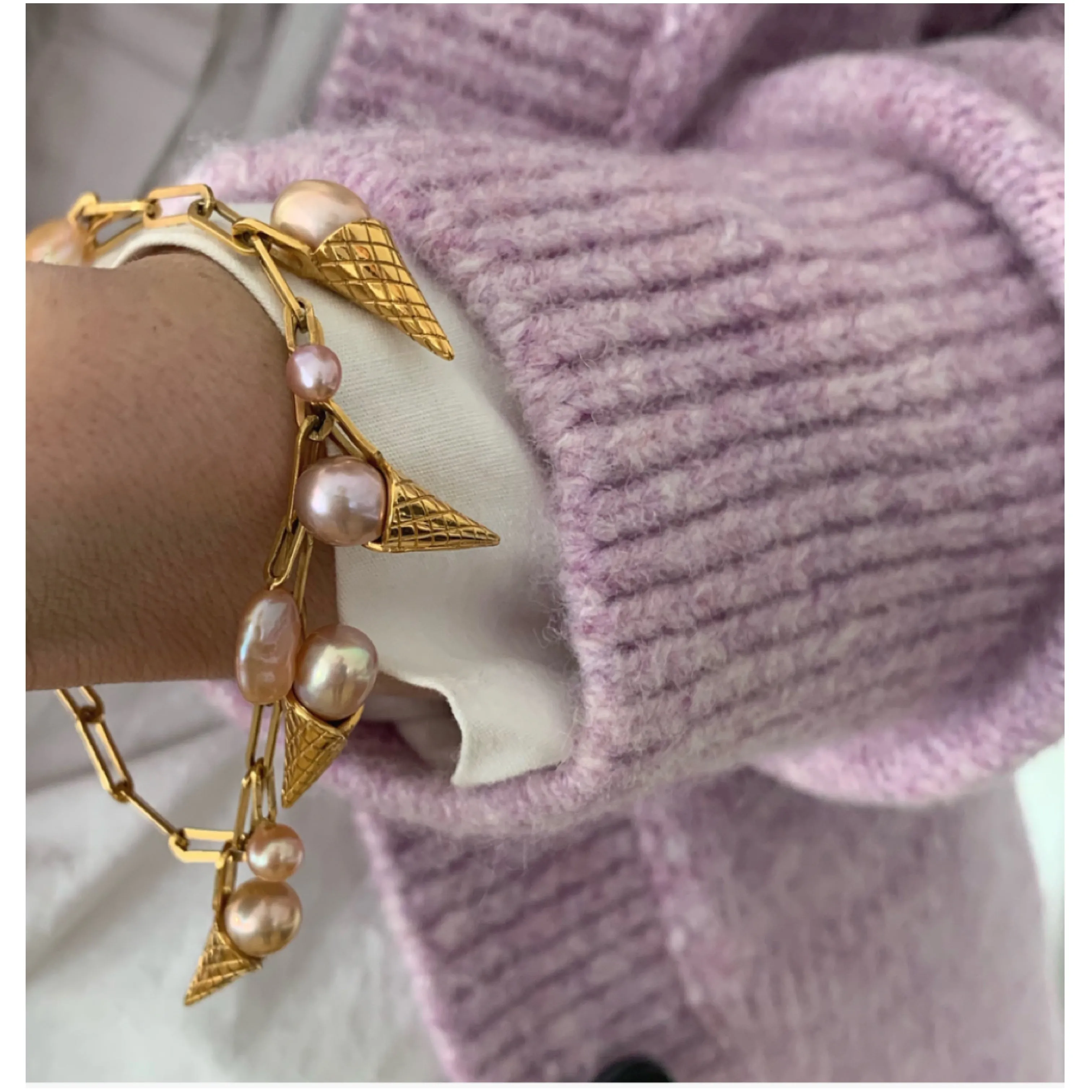 Ice Cream Charms Gold Plated Bracelet w. Pearls