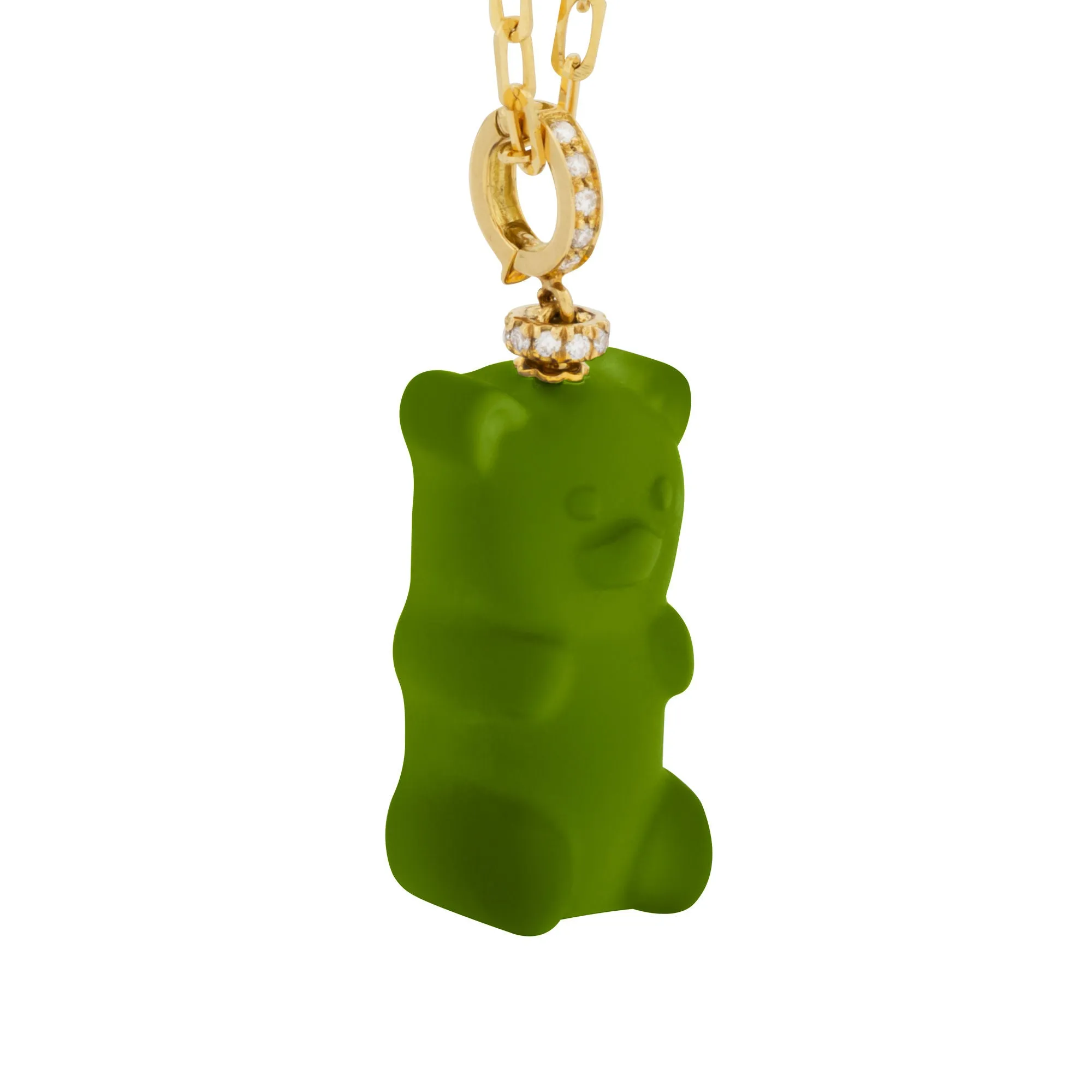 Kiwi Gemmy Bear 18K Gold Necklace w. Diamonds & Crystal