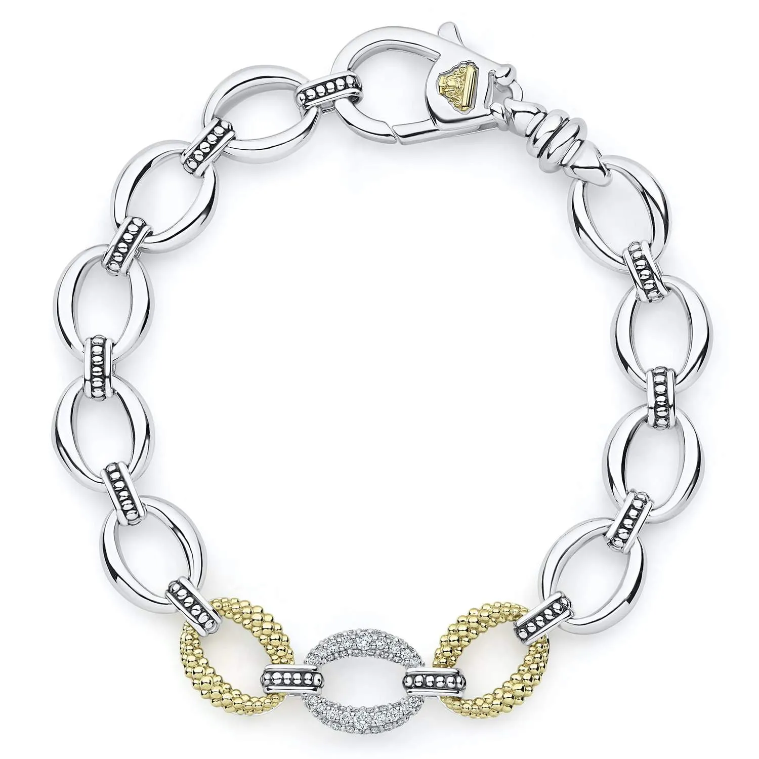 Lagos 18K and Sterling Silver Caviar Lux Diamond Oval Link Bracelet