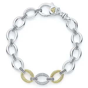Lagos 18K and Sterling Silver Caviar Lux Diamond Oval Link Bracelet