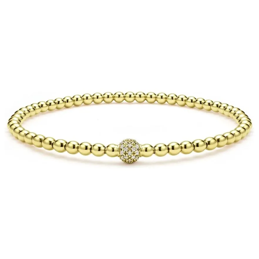 Lagos 18K Caviar Gold Pave Diamond 3mm Ball Stretch Bracelet