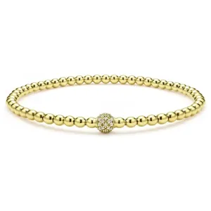Lagos 18K Caviar Gold Pave Diamond 3mm Ball Stretch Bracelet
